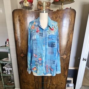 Johnny Was Blue Plaid with Colorful Embroidery